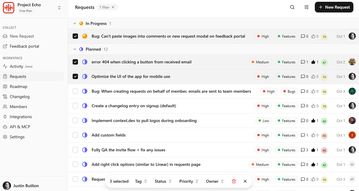 Project Echo requests workspace showing feedback and feature requests
